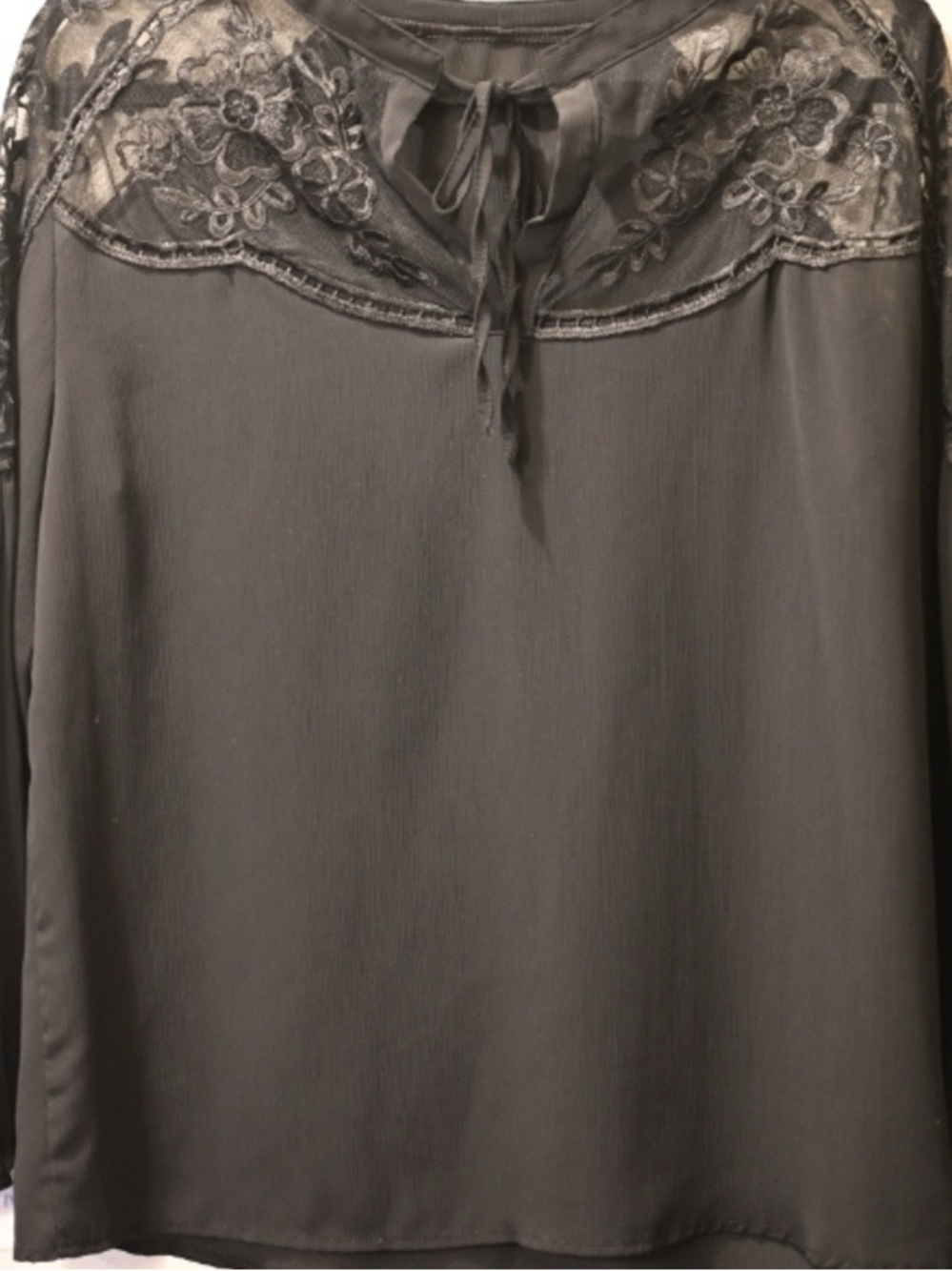 Women's Black Lace Yoke Tie-Neck Blouse